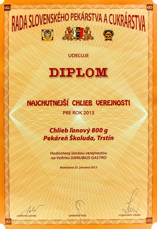Diplom — Najchutnejší chlieb verejnosti 2013